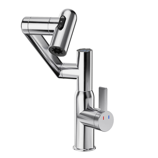 Bathroom Sink Faucet With Spray Function And Temperature Display, Anti Skid Switch, 360 Degree Rotary, Brass Material - Chrome