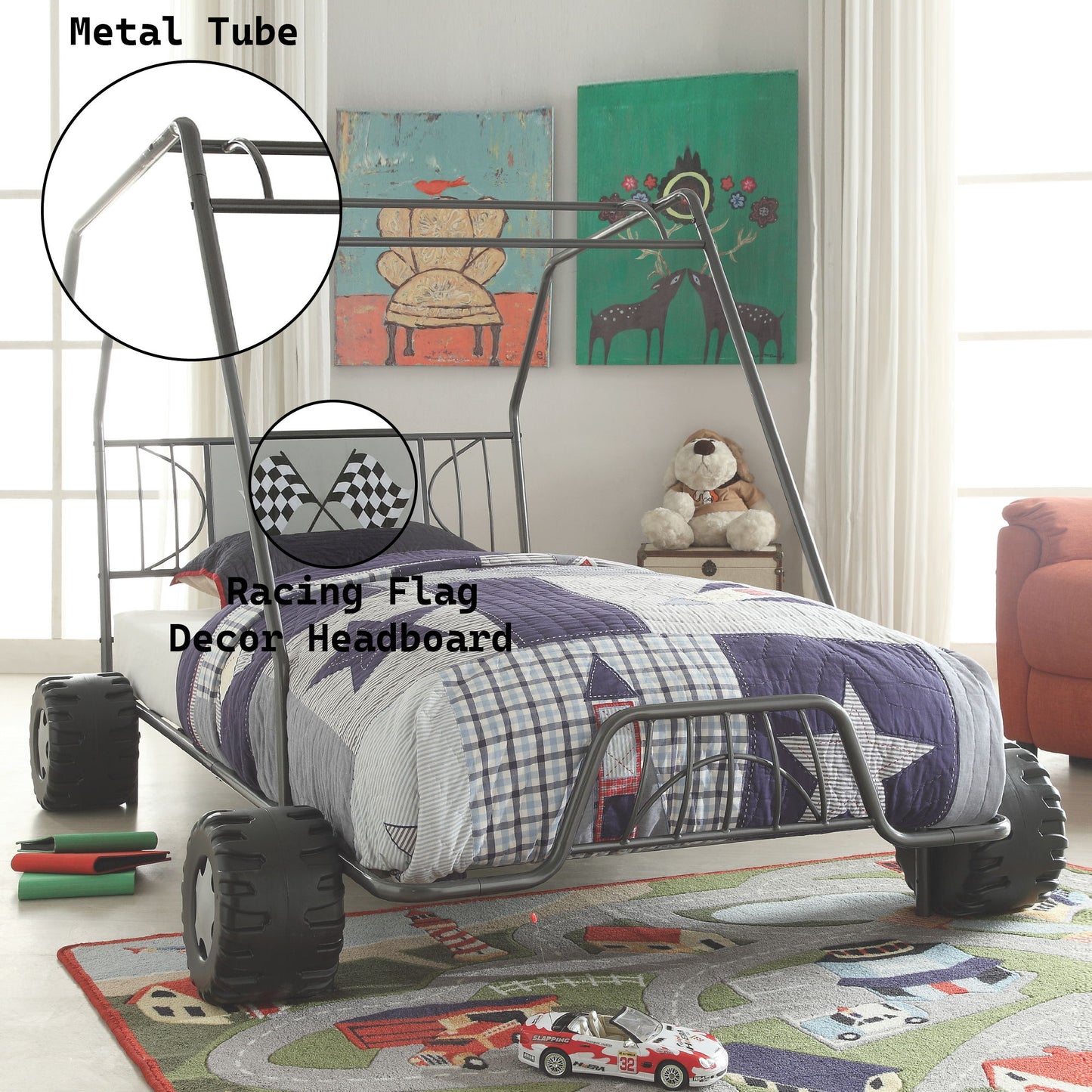 The Xander Twin Go Kart Bed in gunmetal features a metal tube frame and racing flag-themed headboard, paired with checkered bedding, toy car accents, playful animal and car wall art for a fun kids’ room.