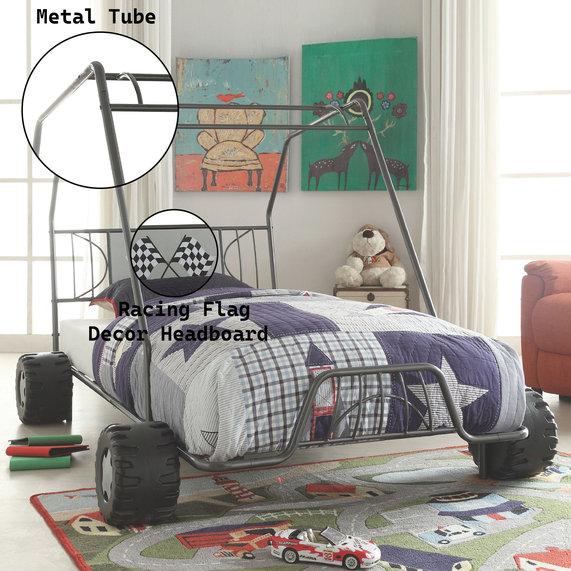 The Xander Twin Go Kart Bed in gunmetal features a metal tube frame and racing flag-themed headboard, paired with checkered bedding, toy car accents, playful animal and car wall art for a fun kids’ room.