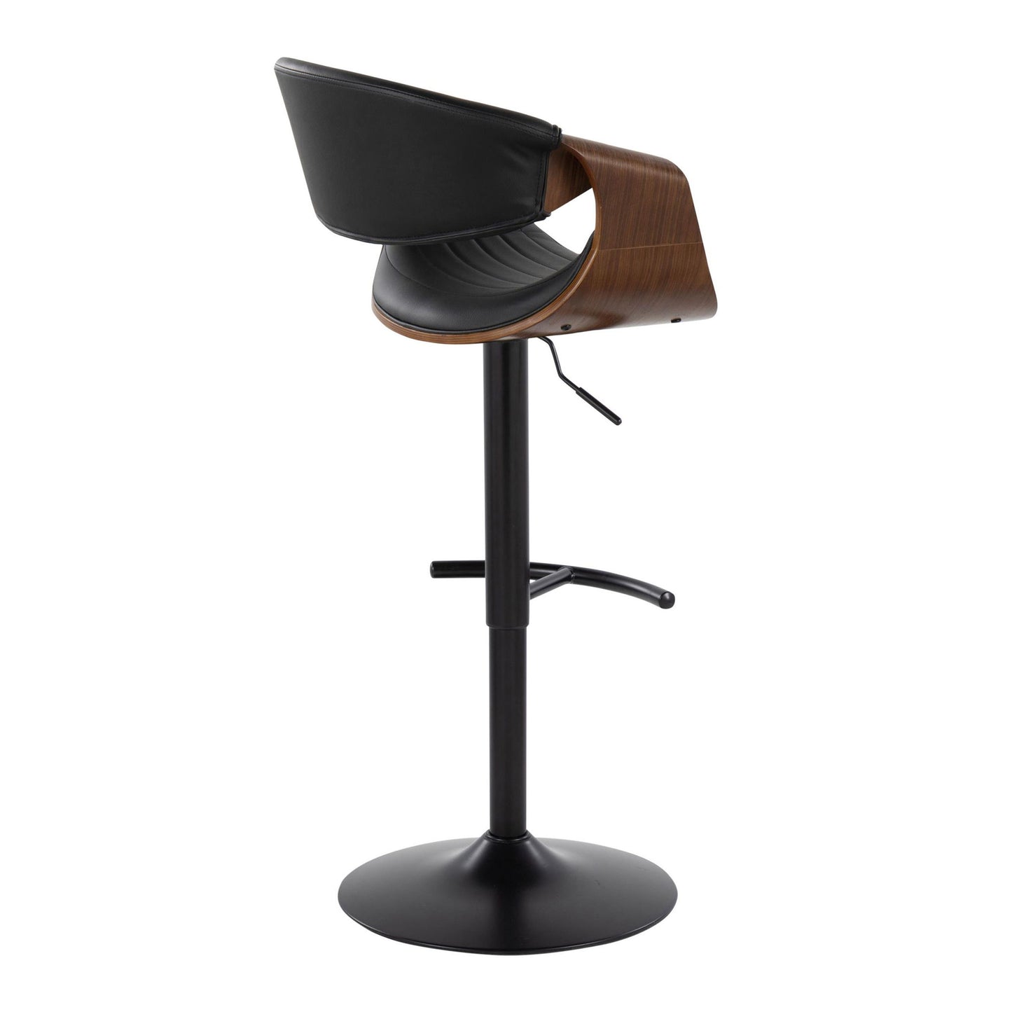 The Symphony Mid-Century Modern Adjustable Barstool (Set of 2) features a black metal base, rounded T footrest, swivel function, padded black seat cushion, and a curved walnut backrest with black upholstery. Shown from the back.