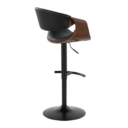 The Symphony Mid-Century Modern Adjustable Barstool (Set of 2) features a black metal base, rounded T footrest, swivel function, padded black seat cushion, and a curved walnut backrest with black upholstery. Shown from the back.