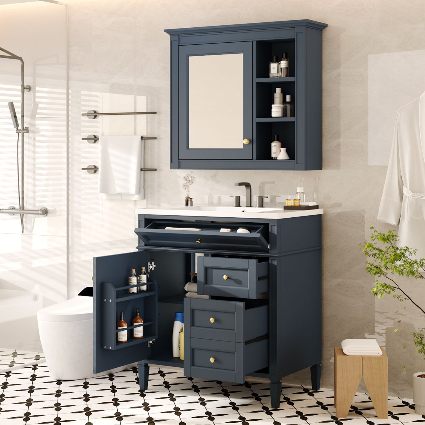 Bathroom Vanity With Top Sink, 2 Doors And 3 Drawers, Freestanding Set With Mirror Cabinet