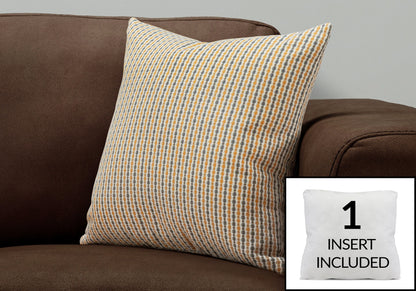 A Pillows Square Decorative Throw with blue and beige patterns is on a brown couch. An inset displays the included hypoallergenic white pillow insert, highlighting “1 INSERT INCLUDED.”.