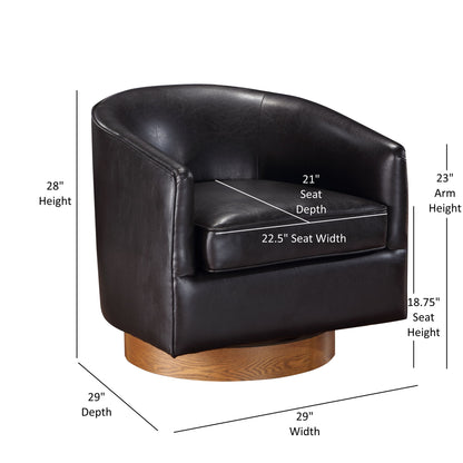 The Maisy Barrel Swivel Chair features black leather, a rounded back, and a wooden base. Dimensions: 29"W x 29"D x 28"H; arm height 23", seat height 18.75", seat width 22.5", and seat depth 21".
