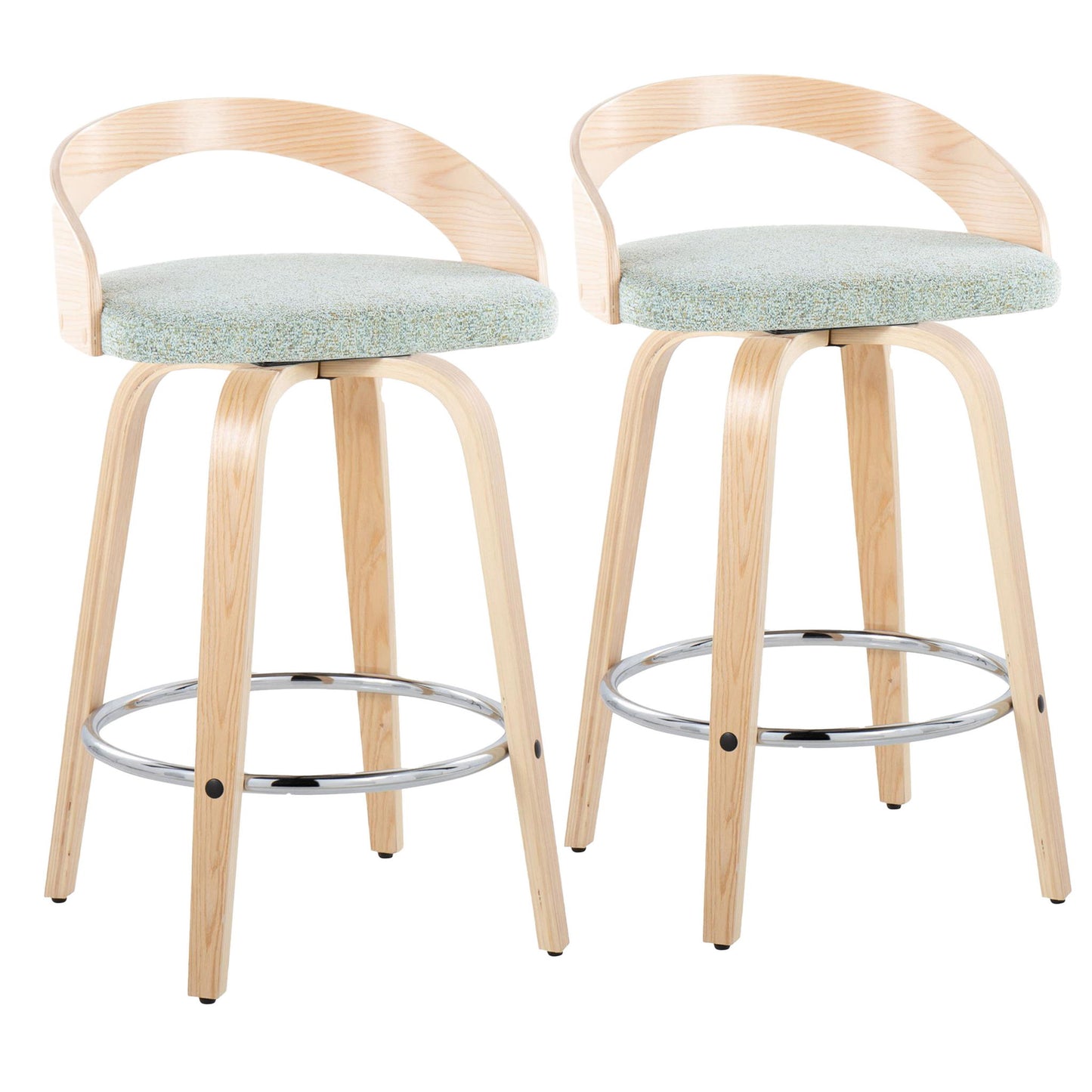Set of 2 Grotto contemporary fixed height counter stools with swivel, featuring light wood frames, curved open backs, round chrome footrests, and light green upholstered seats.