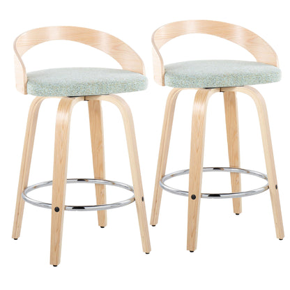 Set of 2 Grotto contemporary fixed height counter stools with swivel, featuring light wood frames, curved open backs, round chrome footrests, and light green upholstered seats.