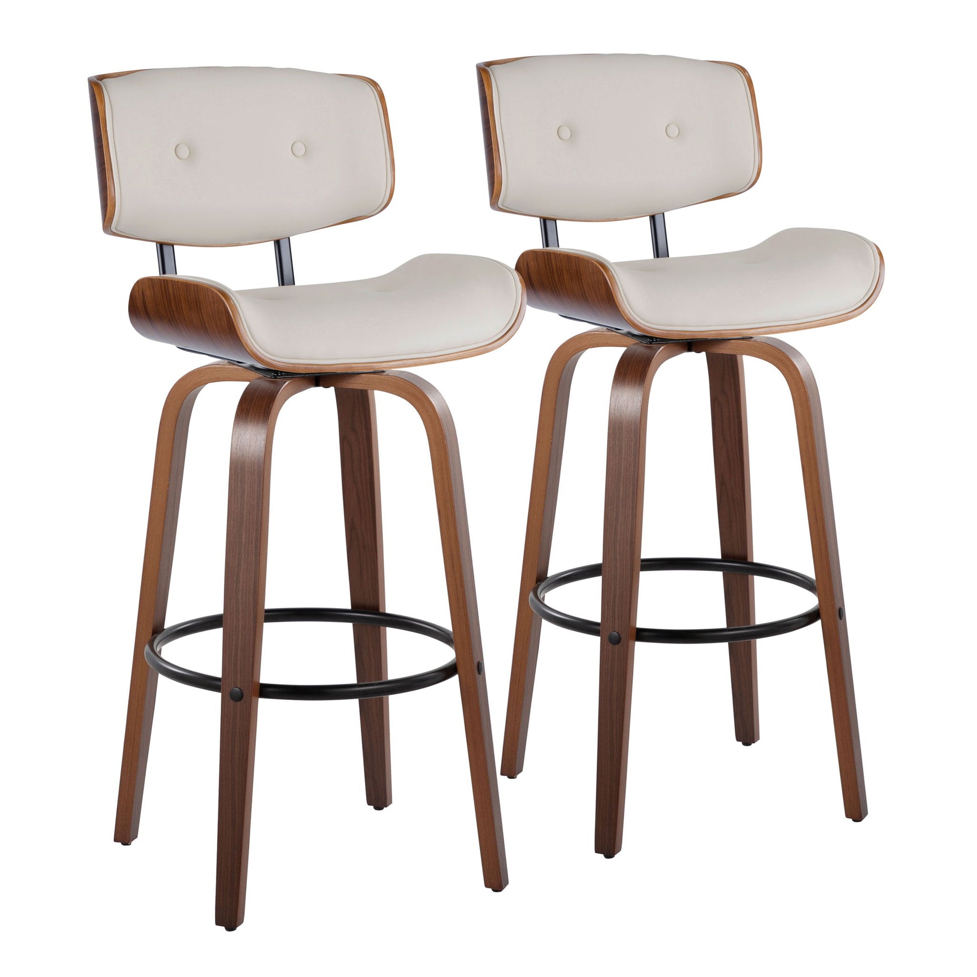 The Lombardi set includes two mid-century modern barstools featuring fixed height, swivel seats with light beige cushions, curved wooden frames, and round black metal footrests, offering a stylish and matching contemporary look.
