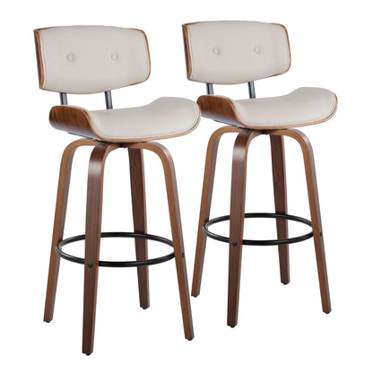 The Lombardi set includes two mid-century modern barstools featuring fixed height, swivel seats with light beige cushions, curved wooden frames, and round black metal footrests, offering a stylish and matching contemporary look.