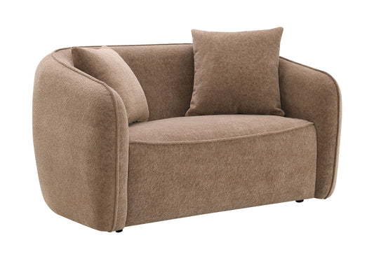 The Keith Chenille Loveseat features modern light brown upholstery, curved armrests and backrest, and includes two matching color toss pillows, all set against a white background.