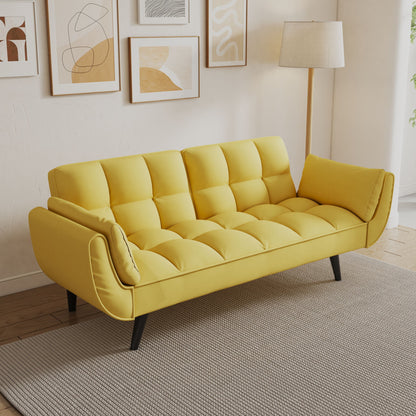 A modern living room with the Sofa Soft Two Armrests, a beige floor lamp, abstract wall art, and a light gray textured area rug on wooden flooring.