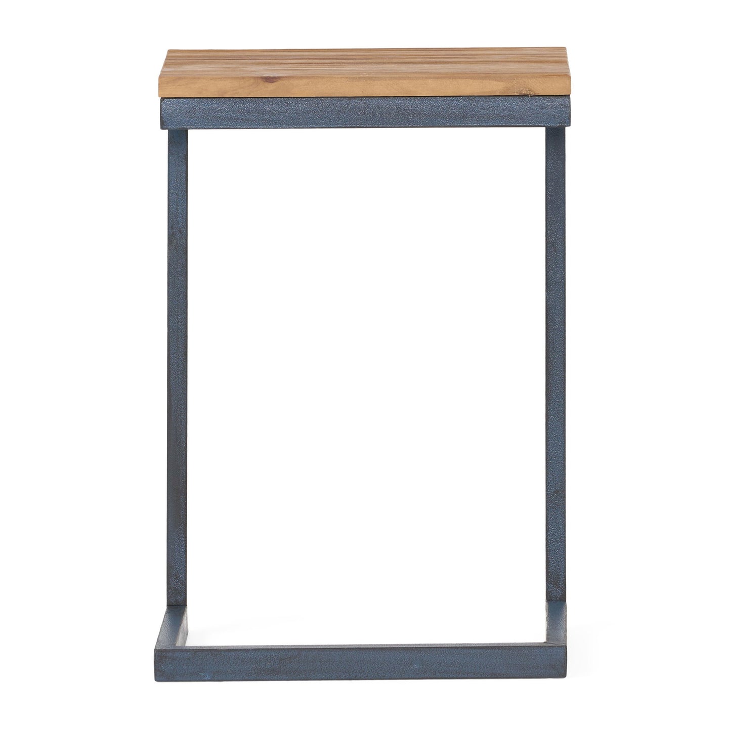 The C Shaped End Table features a light fir wood rectangular top and an open iron base, shown against a white background.