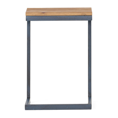 The C Shaped End Table features a light fir wood rectangular top and an open iron base, shown against a white background.