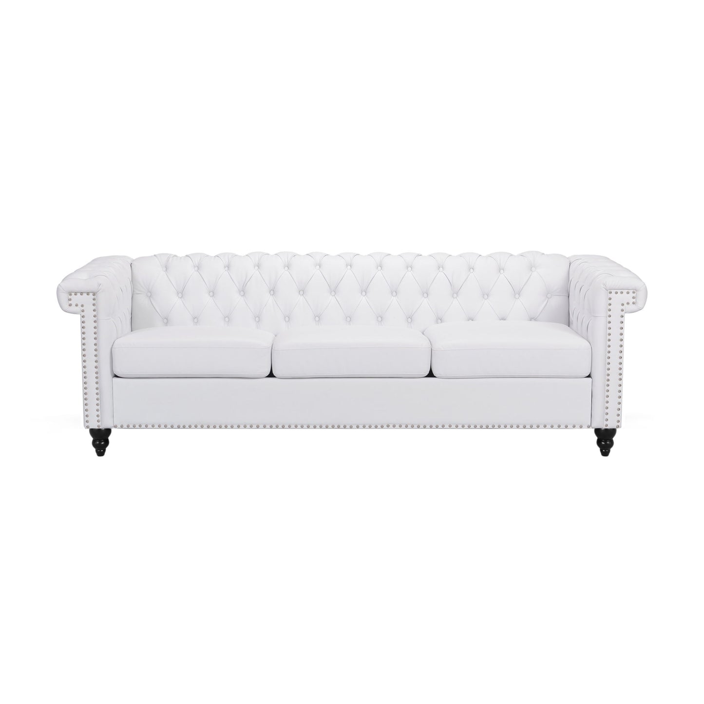 The Chesterfield Style 3 Seater Sofa With Deep Button Tufting features white upholstery, rolled arms, three seat cushions, silver nailhead trim, and dark wooden legs, shown against a plain white background.