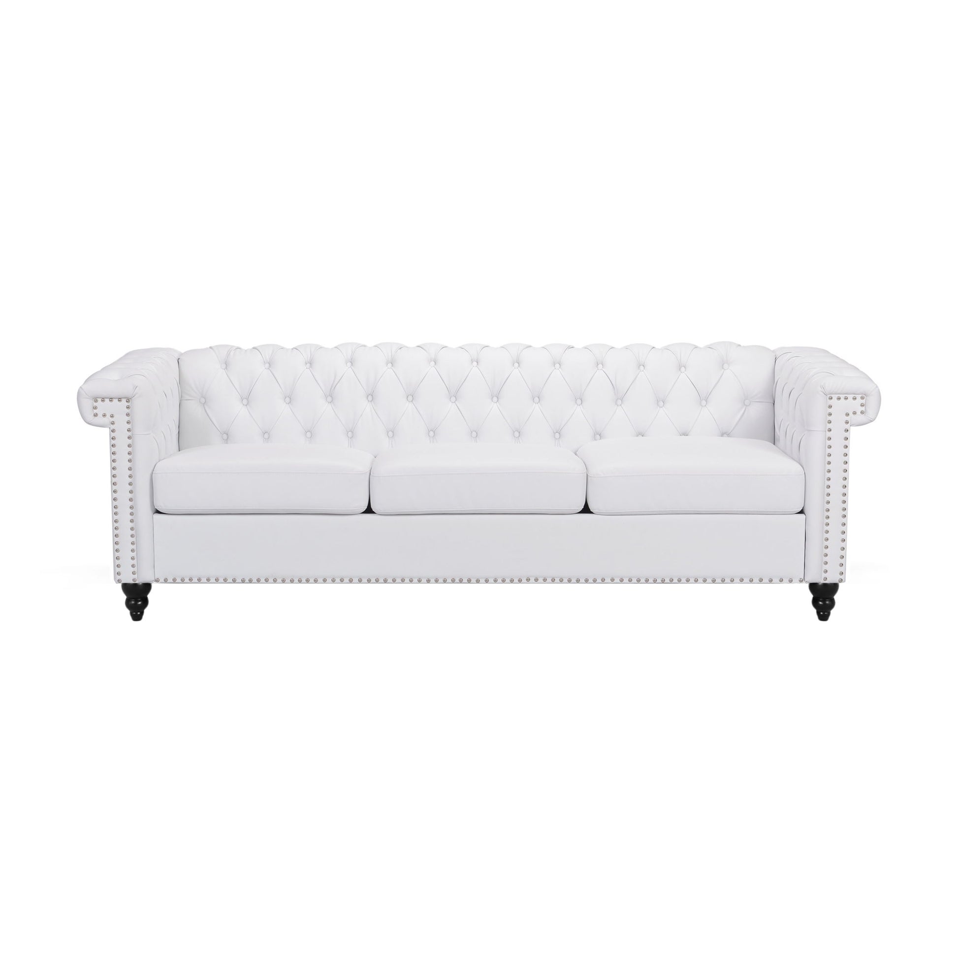 The Chesterfield Style 3 Seater Sofa With Deep Button Tufting features white upholstery, rolled arms, three seat cushions, silver nailhead trim, and dark wooden legs, shown against a plain white background.