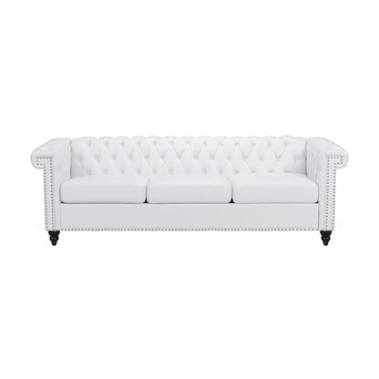 The Chesterfield Style 3 Seater Sofa With Deep Button Tufting features white upholstery, rolled arms, three seat cushions, silver nailhead trim, and dark wooden legs, shown against a plain white background.