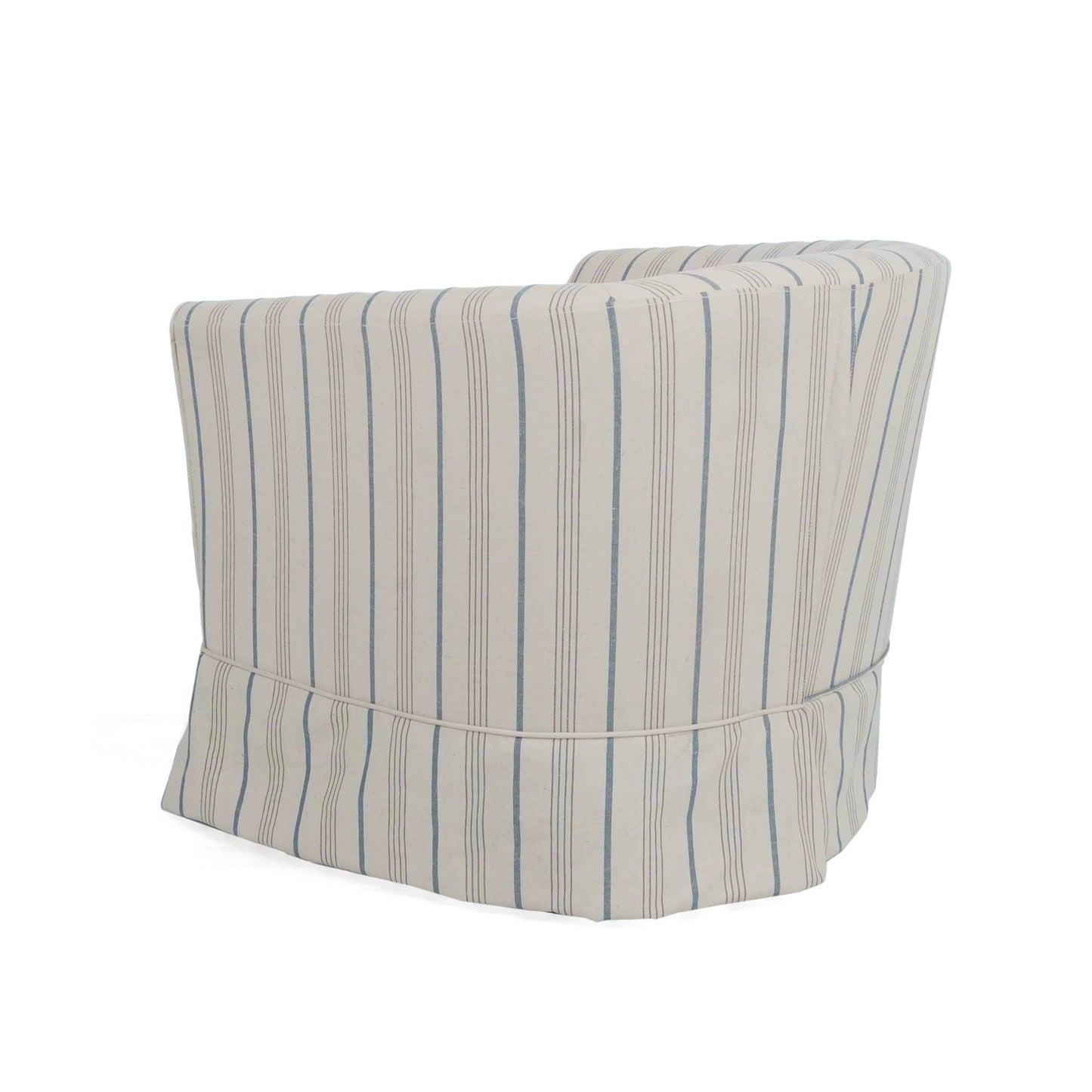 The Zeniqua Upholstered Velvet Swivel Chair With Loose Cover is shown from a rear side angle, featuring light-colored fabric with blue vertical stripes and a skirted bottom that conceals the legs.
