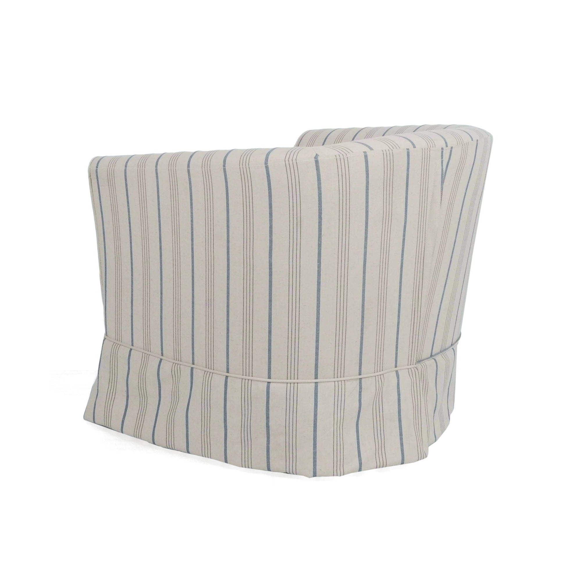 The Zeniqua Upholstered Velvet Swivel Chair With Loose Cover is shown from a rear side angle, featuring light-colored fabric with blue vertical stripes and a skirted bottom that conceals the legs.