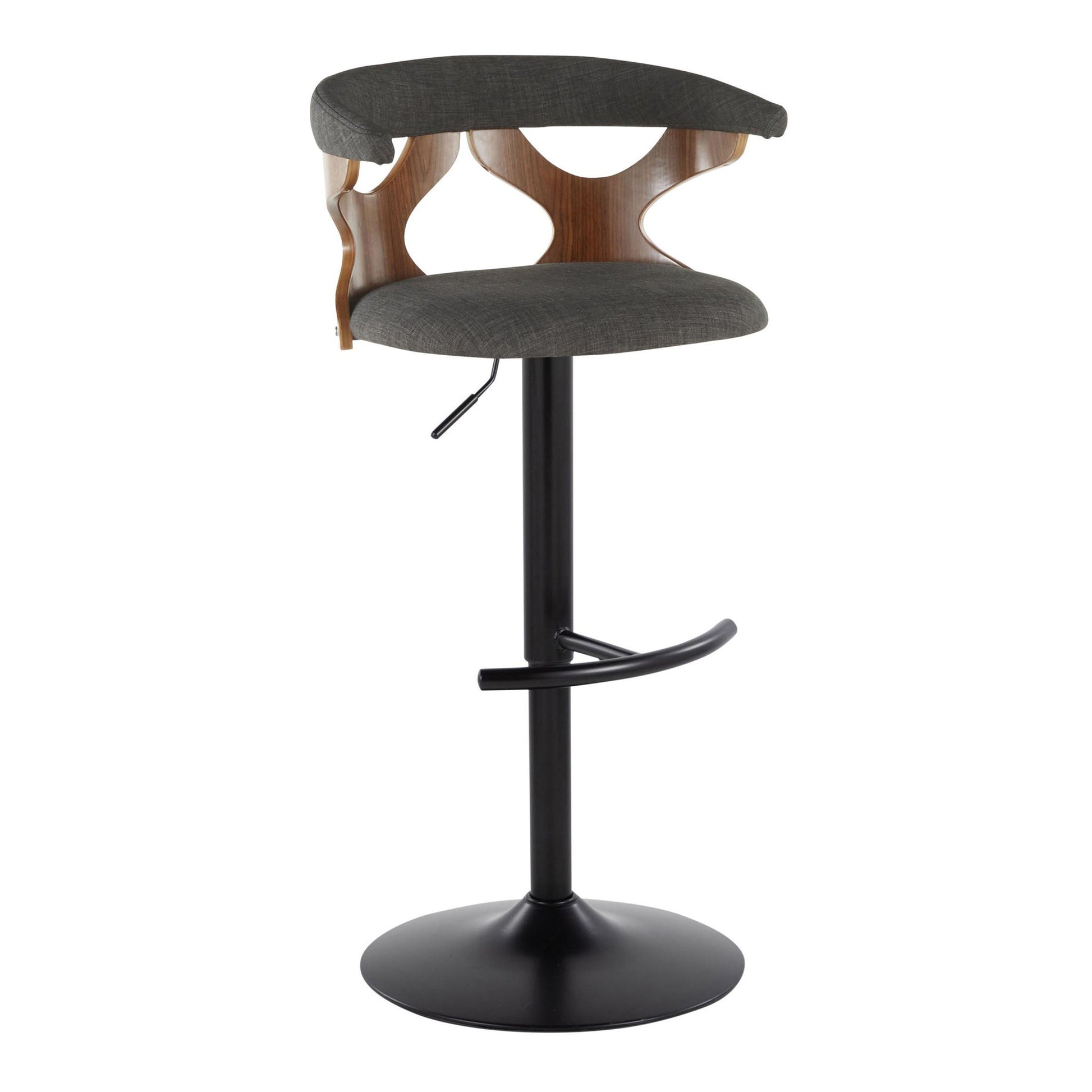 The Gardenia Contemporary Adjustable Barstool (Set of 2) features a black pedestal base, curved wooden backrest with cut-out designs, dark grey upholstered seat, swivel function, and a rounded T footrest.