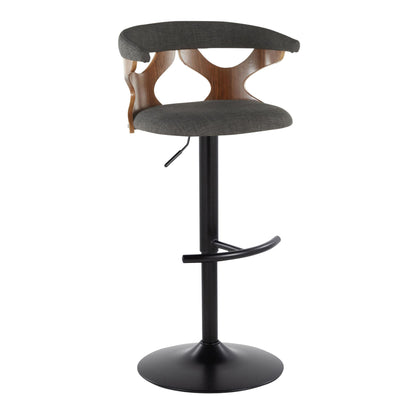 The Gardenia Contemporary Adjustable Barstool (Set of 2) features a black pedestal base, curved wooden backrest with cut-out designs, dark grey upholstered seat, swivel function, and a rounded T footrest.