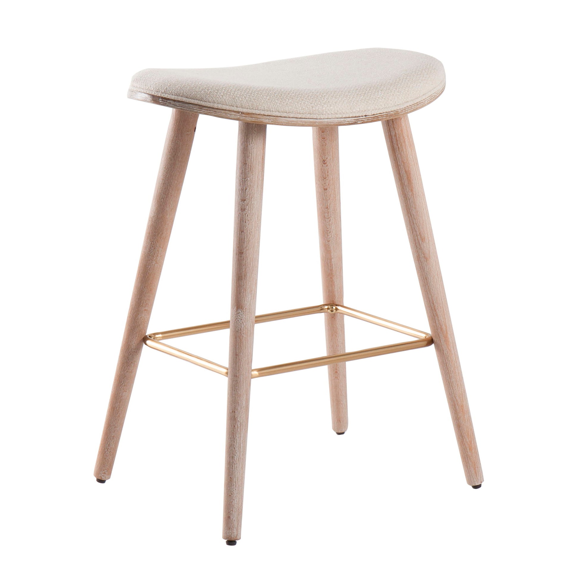The Saddle - Contemporary Counter Stool (Set of 2) features a curved, upholstered light beige seat, four light wood legs, and a gold metal footrest in a modern backless design.