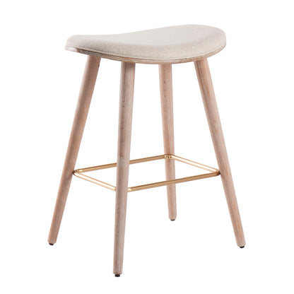 The Saddle - Contemporary Counter Stool (Set of 2) features a curved, upholstered light beige seat, four light wood legs, and a gold metal footrest in a modern backless design.