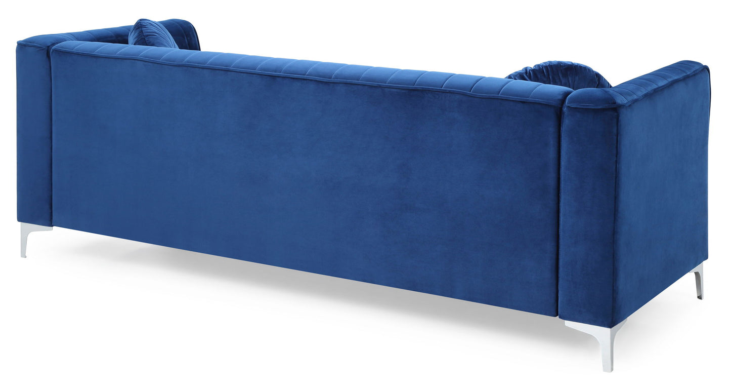 The Delray Micro Suede Sofa features a modern blue design with a tufted back, silver metal legs, and two matching cushions, shown from the back against a white background.