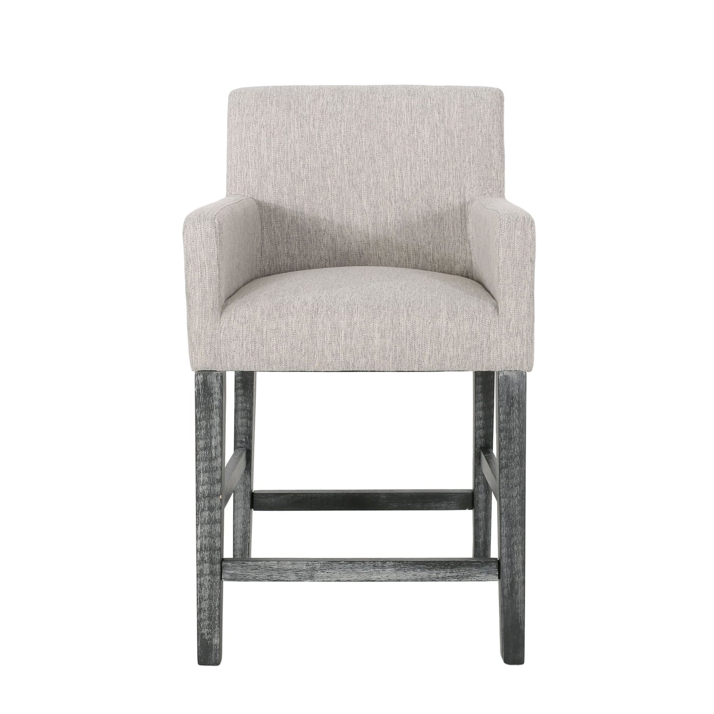 The Charmed Upholstered Counter Stool features light gray fabric, round arms, and dark H frame wooden legs, shown from the front against a white background.