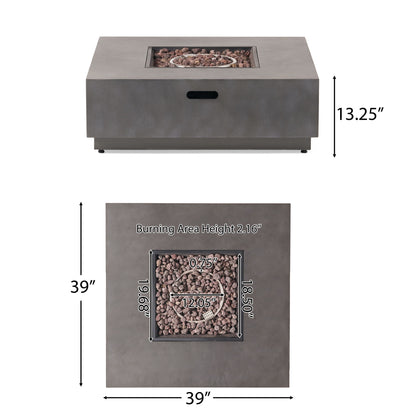 The Modern Square Fire Pit With 50,000 Btu features a central stone-filled burning area (19.68" x 18.50" x 2.16") within overall dimensions of 39" x 39" x 13.25".