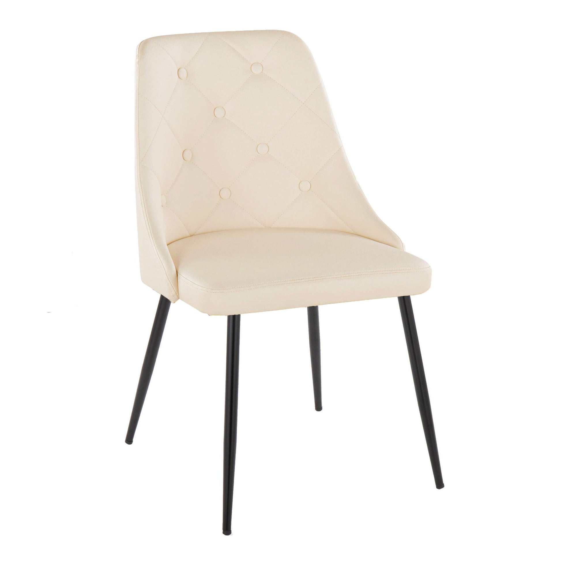 The Giovanni Contemporary Elegant Design Dining Chair (Set of 2) features cream tufted upholstery, a curved backrest, and four slim black metal legs.