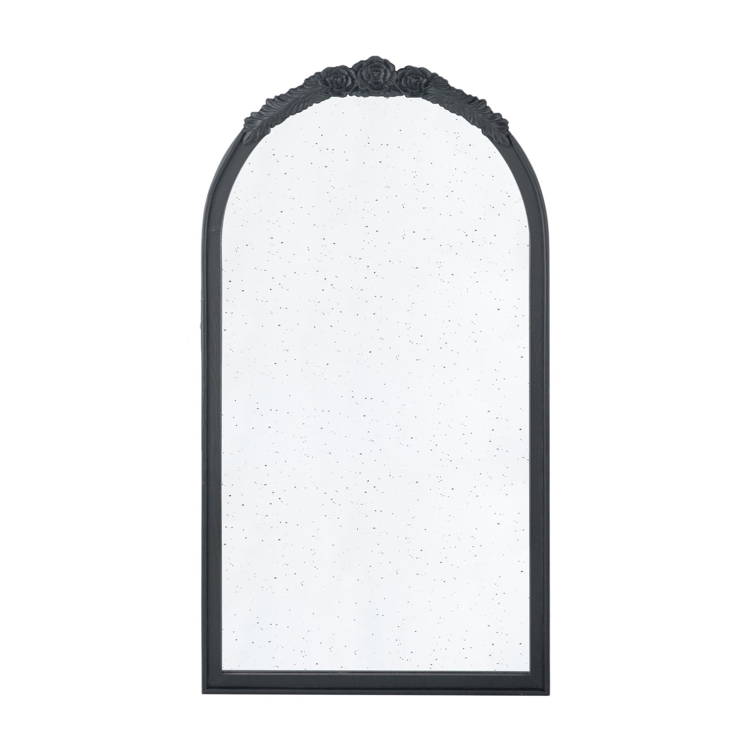 The Hand Carved Rose Antique Mirror Frame is a wood arch mirror featuring ornate floral detailing and a black frame with a slightly antiqued, speckled finish—ideal wall decor for your living room.