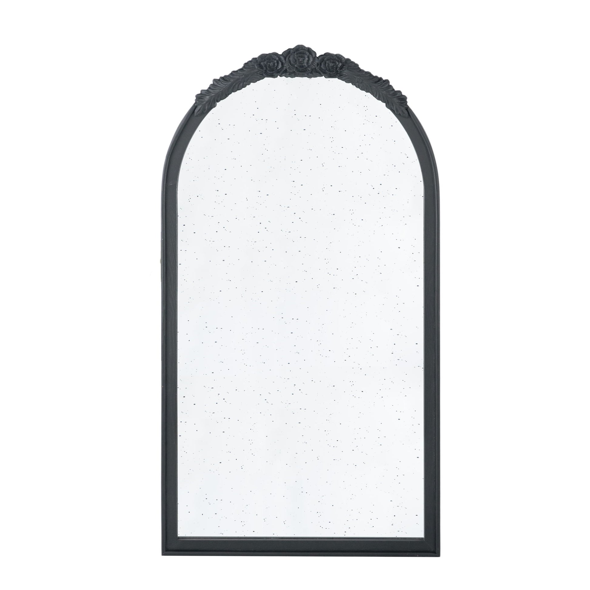 The Hand Carved Rose Antique Mirror Frame is a wood arch mirror featuring ornate floral detailing and a black frame with a slightly antiqued, speckled finish—ideal wall decor for your living room.