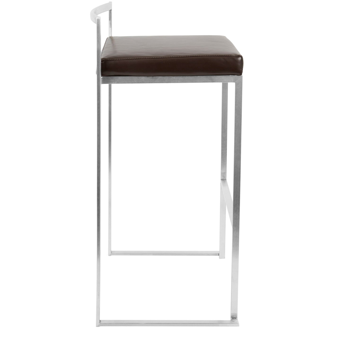 Side view of the Fuji - Contemporary Stackable Design Barstool, featuring a metal frame, rectangular seat, and brown leather cushion with clean lines and a minimalist style.