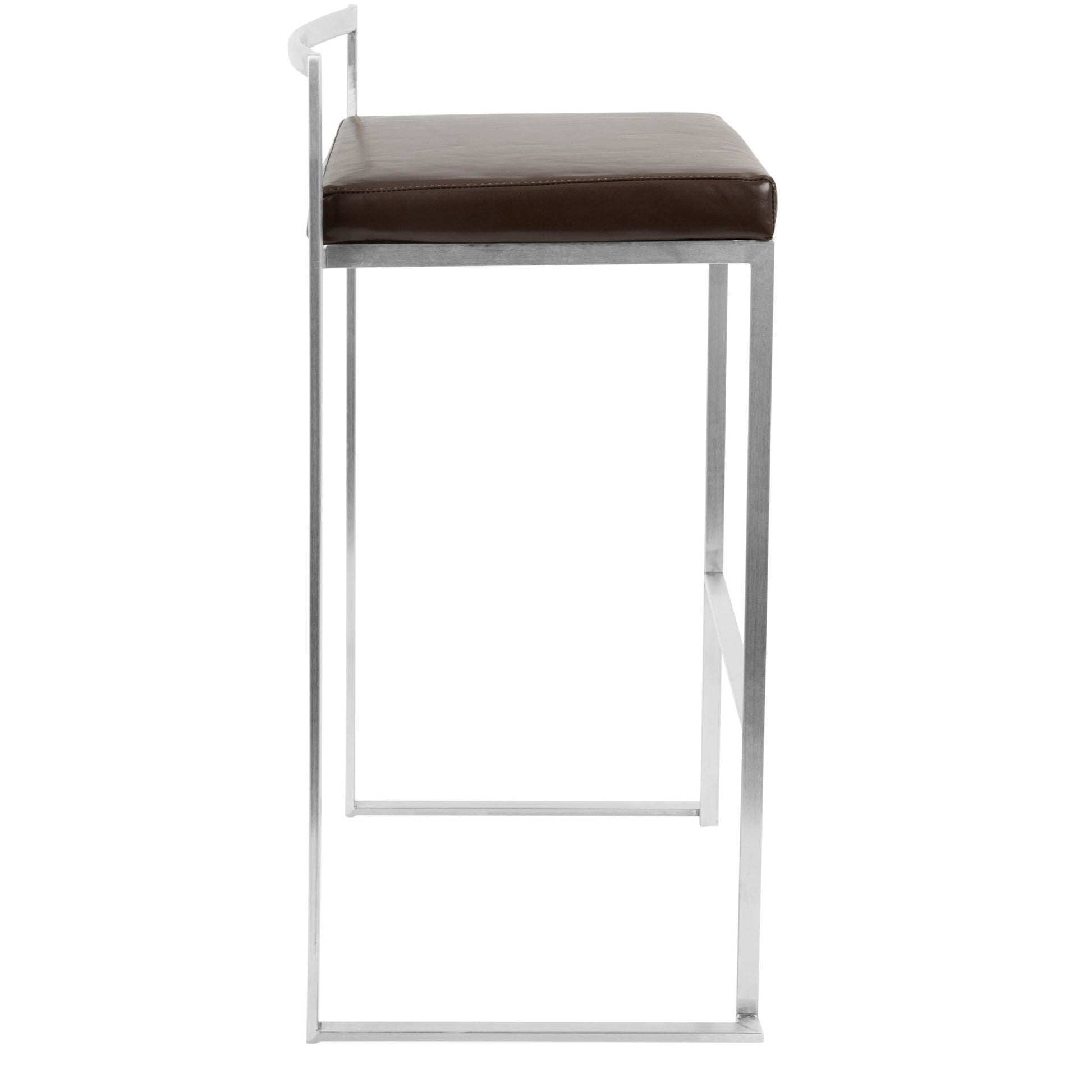 Side view of the Fuji - Contemporary Stackable Design Barstool, featuring a metal frame, rectangular seat, and brown leather cushion with clean lines and a minimalist style.