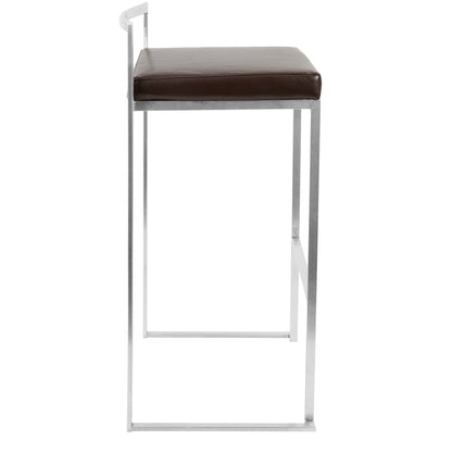 Side view of the Fuji - Contemporary Stackable Design Barstool, featuring a metal frame, rectangular seat, and brown leather cushion with clean lines and a minimalist style.