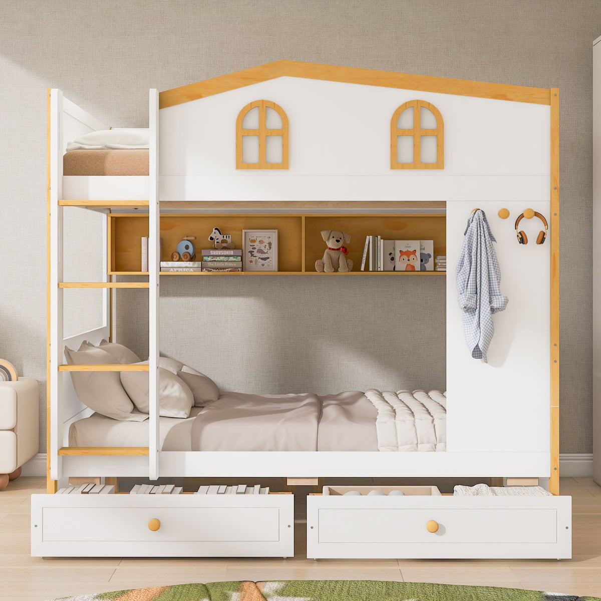 Bunk Bed With House Shaped Guardrails, Storage Shelves, And Trundle