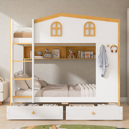 Bunk Bed With House Shaped Guardrails, Storage Shelves, And Trundle