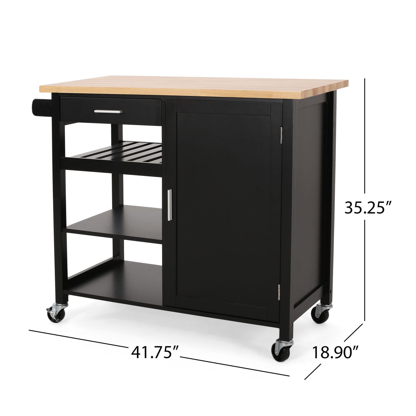The Contemporary Design Kitchen Cart With Wheels features a light wood top, black finish, two open shelves, one drawer, a cabinet, towel rack, and wheels. Dimensions: 41.75"W x 18.90"D x 35.25"H.