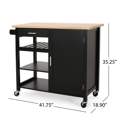 The Contemporary Design Kitchen Cart With Wheels features a light wood top, black finish, two open shelves, one drawer, a cabinet, towel rack, and wheels. Dimensions: 41.75"W x 18.90"D x 35.25"H.