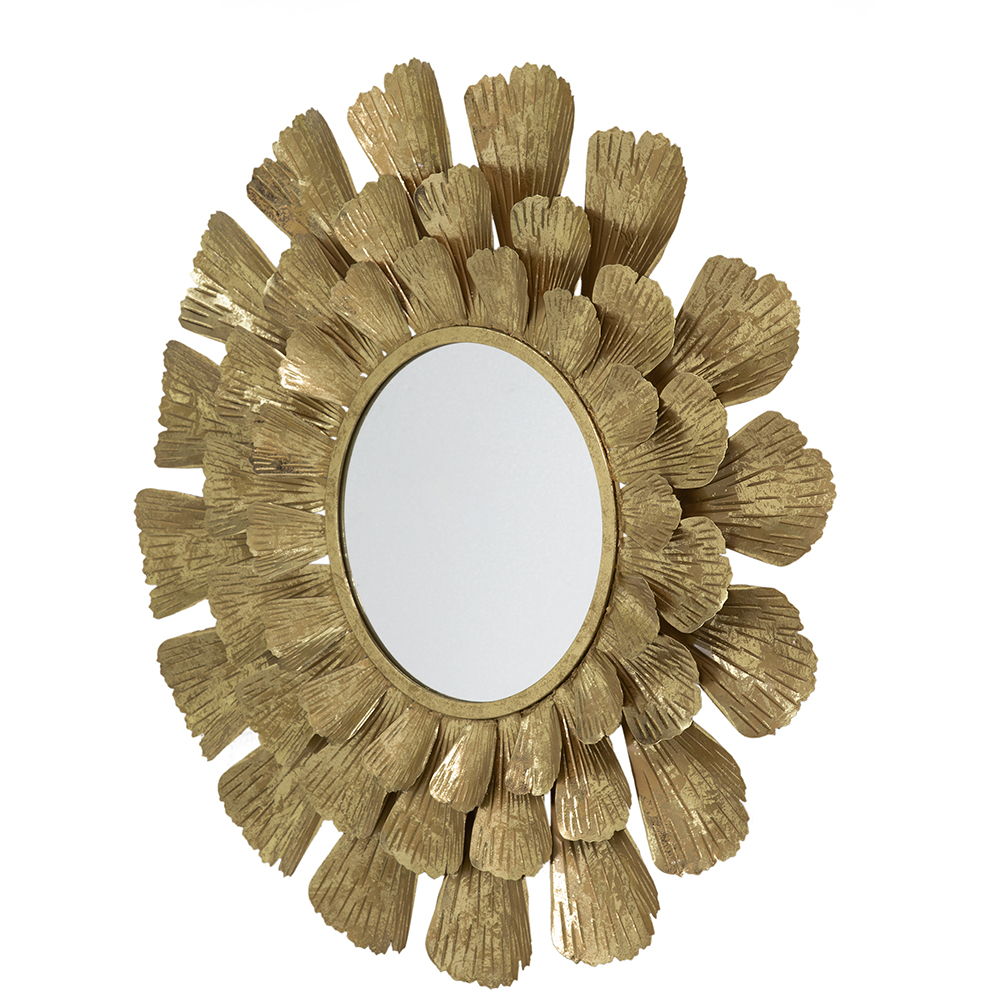 The Round Metal Mirror With Trumpet Vine Motif - Gold features a decorative, gold frame with layered, textured vines radiating outward for a bold, floral-inspired design.