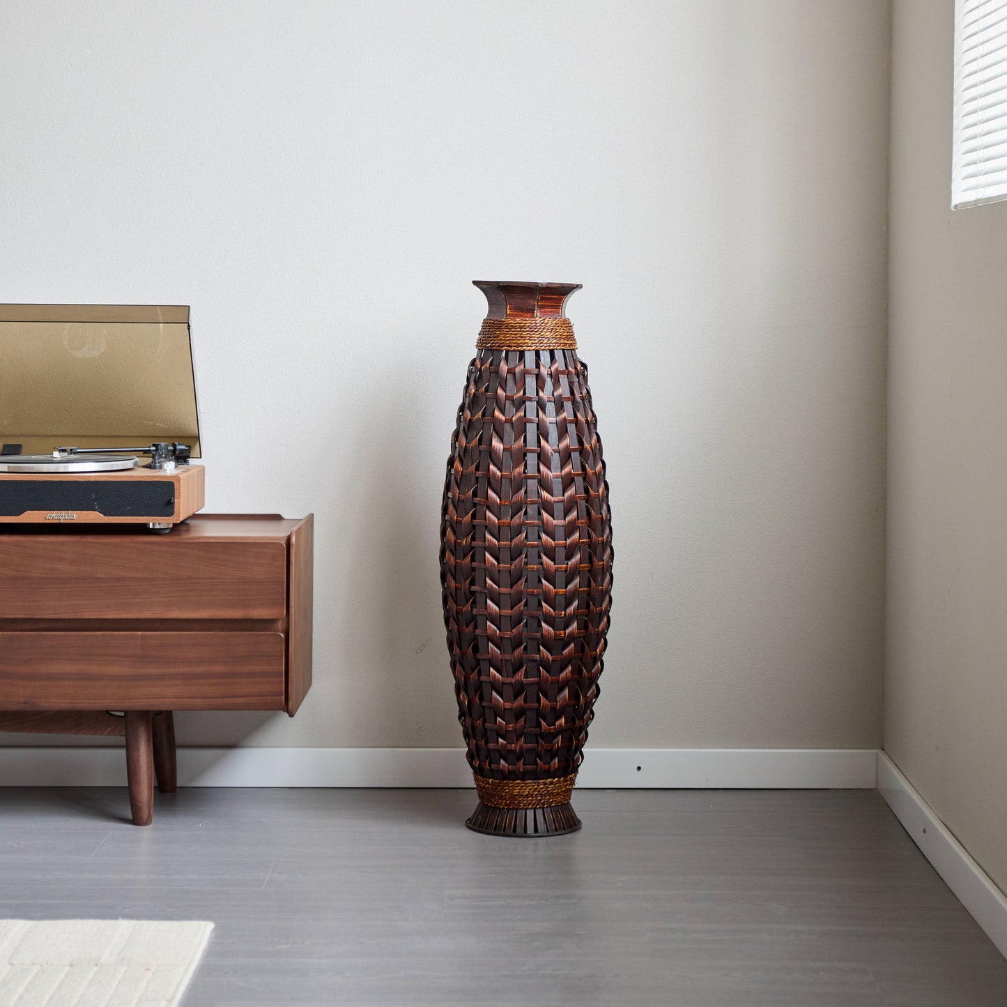 Hand Woven Bamboo Floor Vase, Decorative Accent For Living Room - Acacia Wood