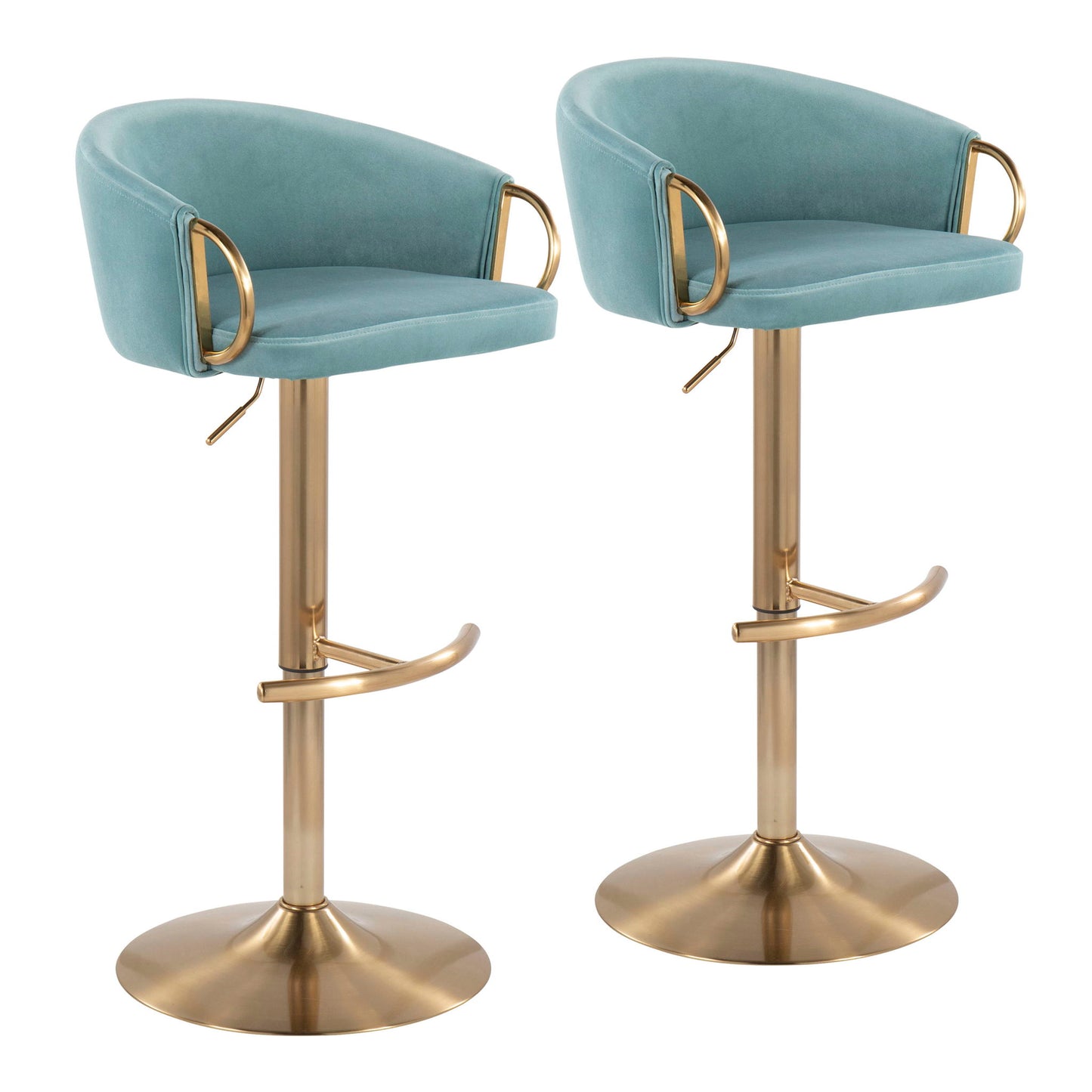 The Claire Contemporary/Glam Adjustable Bar Stool (Set of 2) features teal upholstered seats, gold metal armrests, adjustable-height gold bases, and circular footrests in a sleek modern design.