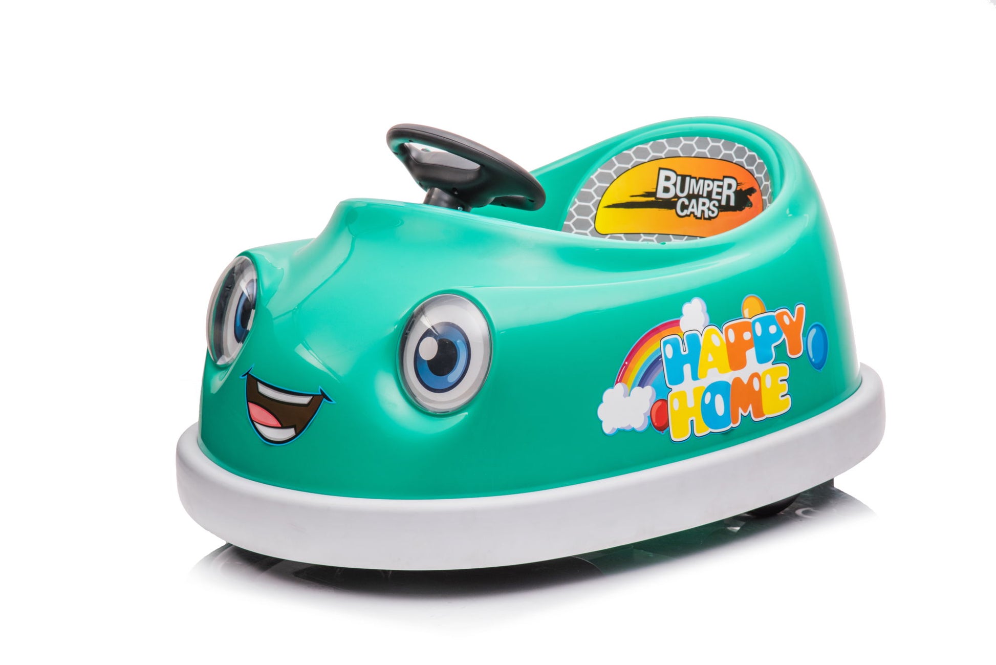 A small green Bumper Car For Kids with a smiling face, cartoon eyes, "HAPPY HOME" and "BUMPER CARS" stickers, steering wheel, and colorful design. Suitable for ages 1-6 with 12V dual drive, pushrod dinner plate, USB/Bt music, rocking horse mode.