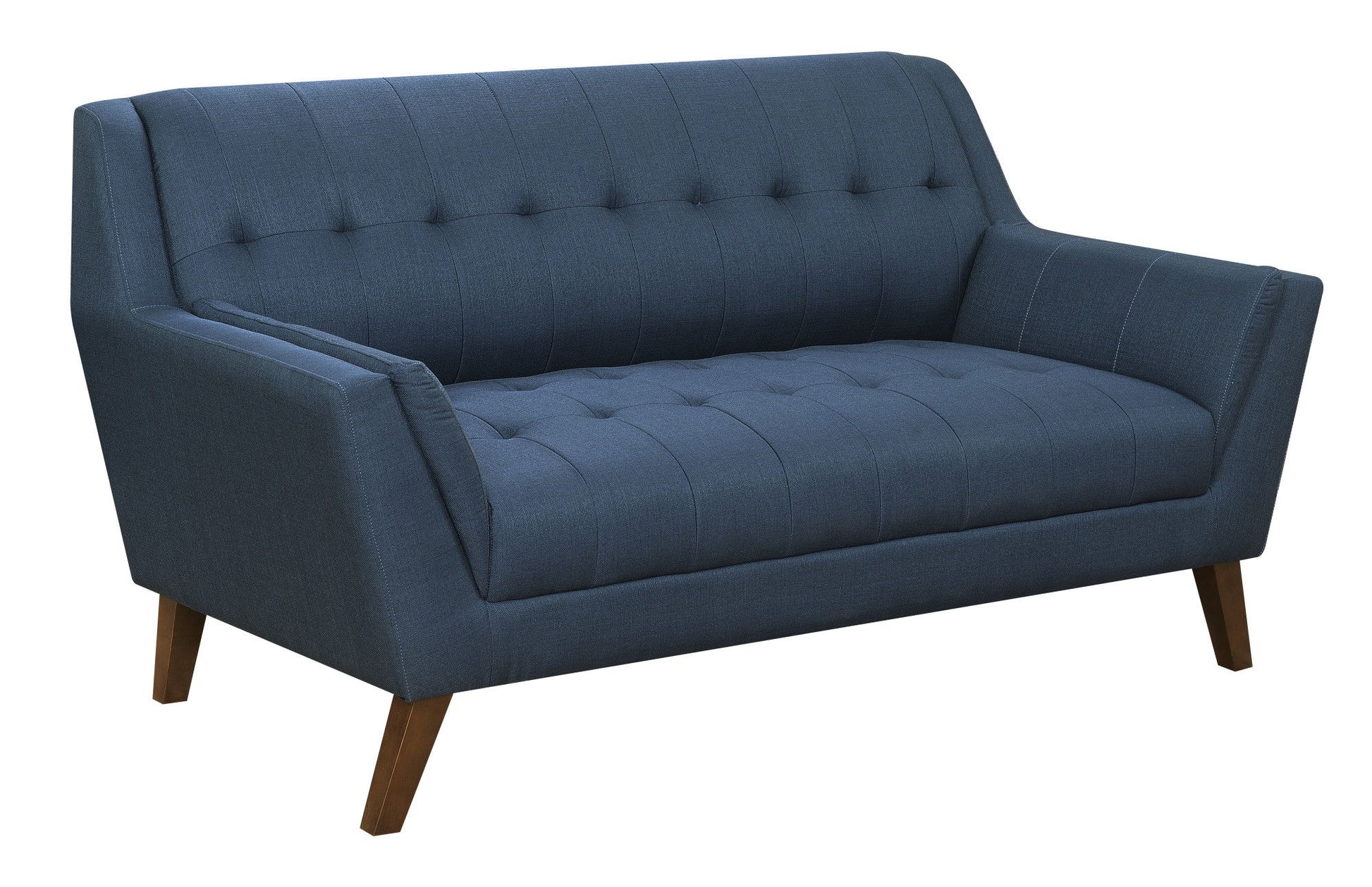 The Browning Loveseat offers a mid-century modern style with dark blue upholstery, tufted seat and backrest, angled wooden legs, and a streamlined design.