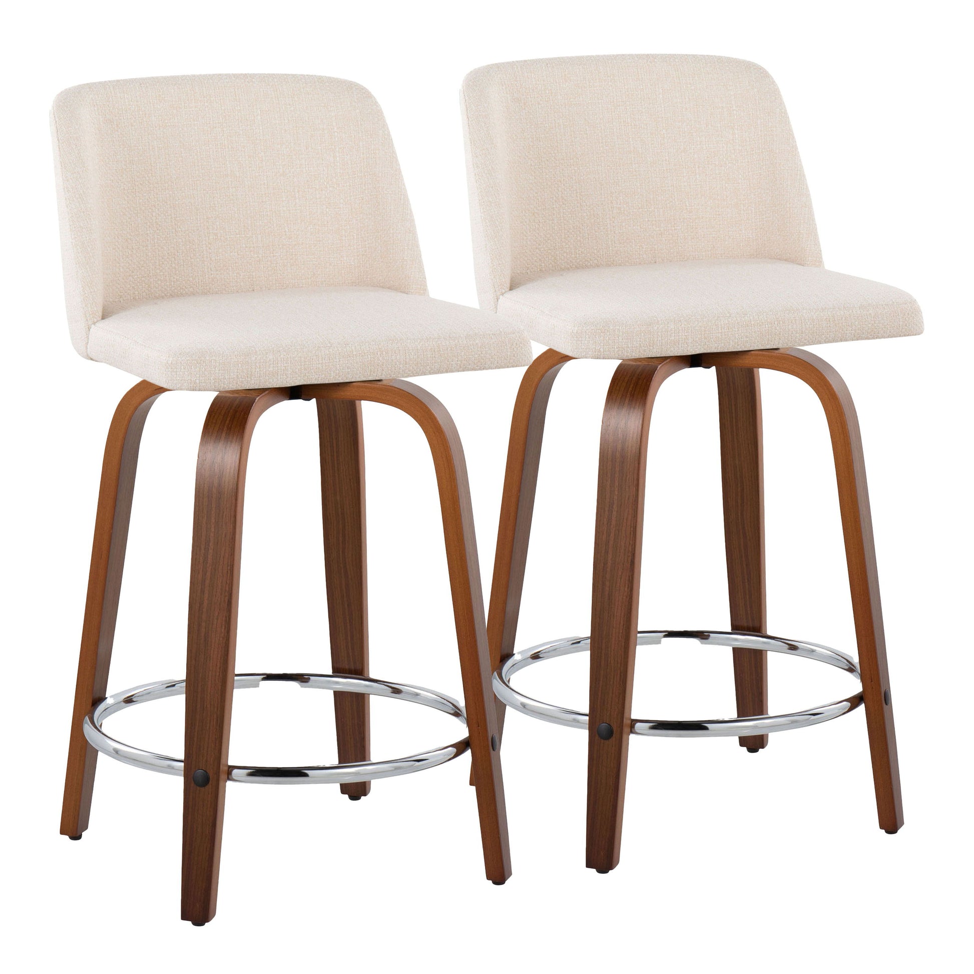 The set of two beige upholstered bar stools, named Toriano, features slightly angled backrests and curved wooden legs with chrome footrests, offering a stylish mid-century modern design perfect for any kitchen or bar area.