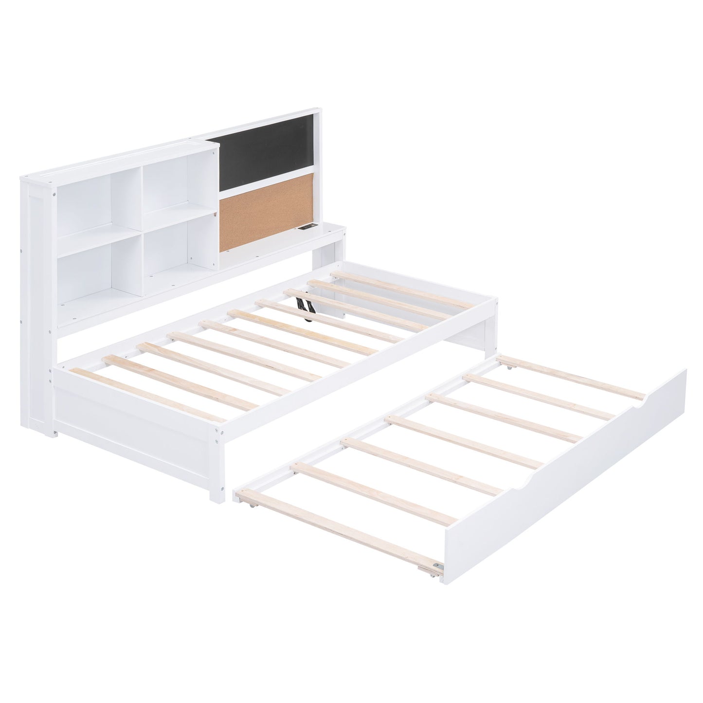 Twin Size Daybed With Storage Shelvesboard, Cork Board, USB Ports And Trundle - White