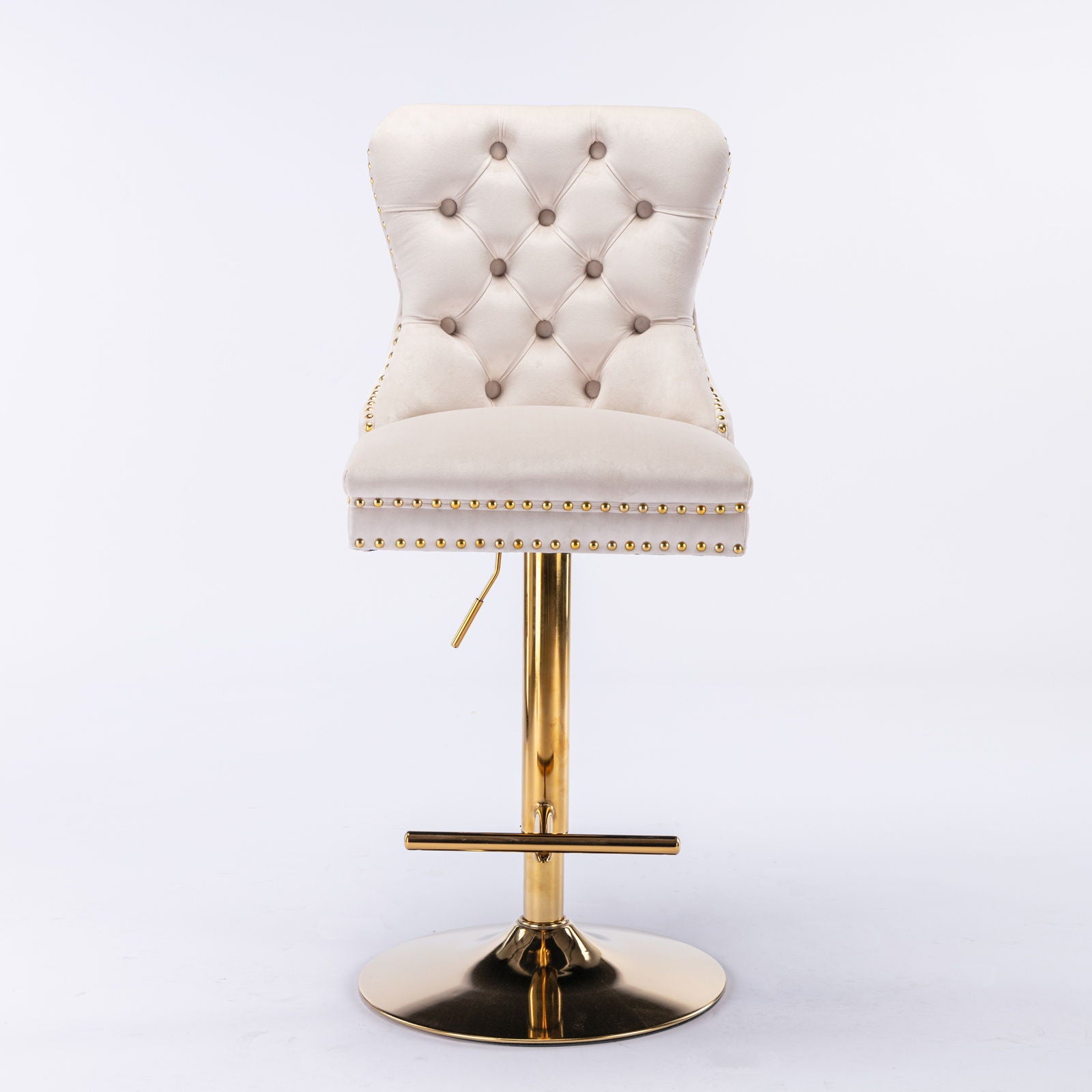 The Thick Golden Swivel Velvet Barstools feature comfortable tufted cream backs, gold nailhead trim, and an adjustable gold metal base with footrest—modern upholstered bar stools for home pub or kitchen island (set of 2), shown on a white background.