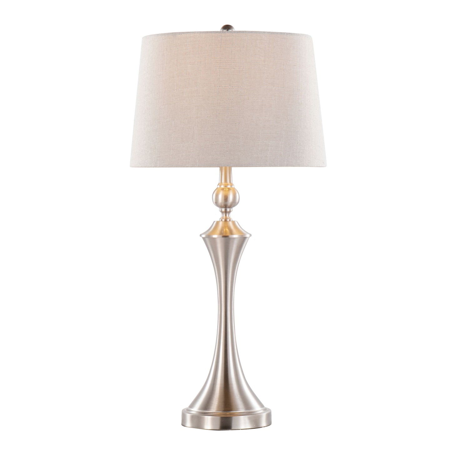 The Flint Contemporary Table Lamp (Set of 2) features a brushed silver base, beige fabric shade, sleek curved design, and a built-in USB port for modern convenience.