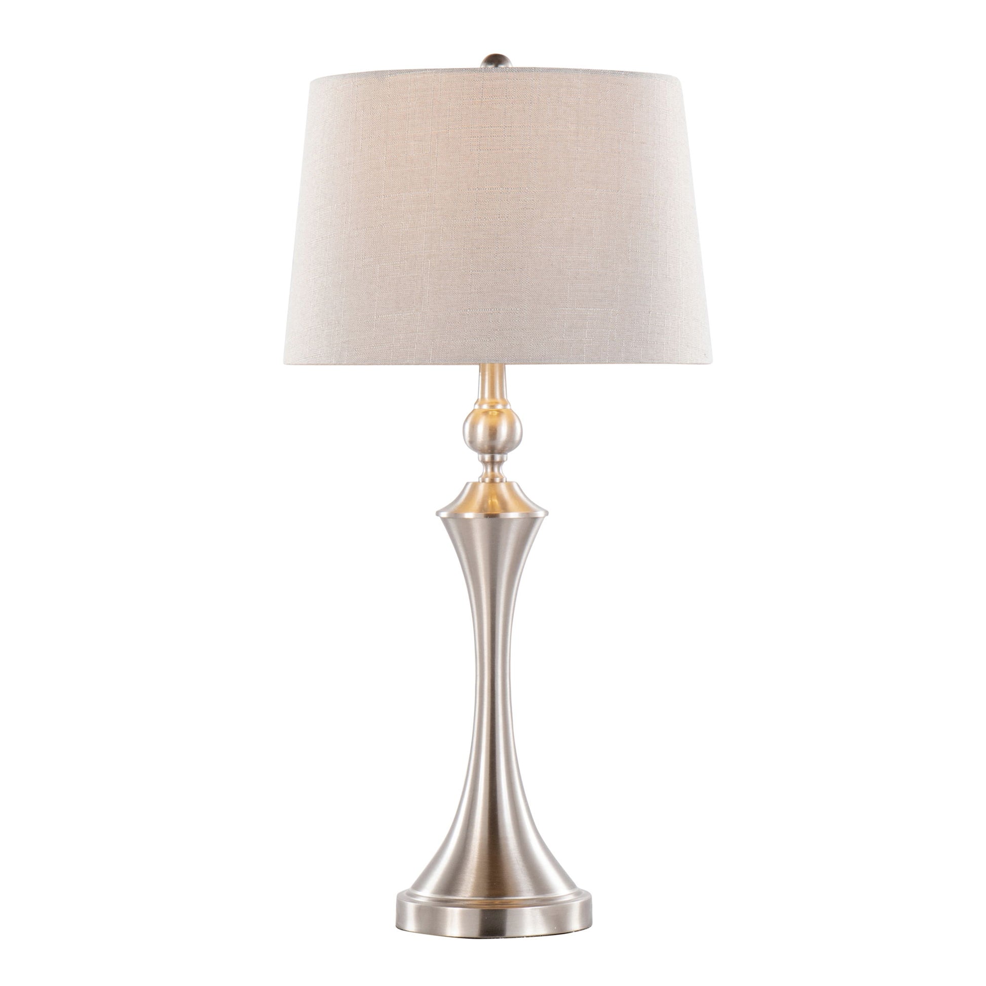 The Flint Contemporary Table Lamp (Set of 2) features a brushed silver base, beige fabric shade, sleek curved design, and a built-in USB port for modern convenience.