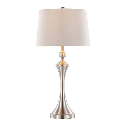 The Flint Contemporary Table Lamp (Set of 2) features a brushed silver base, beige fabric shade, sleek curved design, and a built-in USB port for modern convenience.