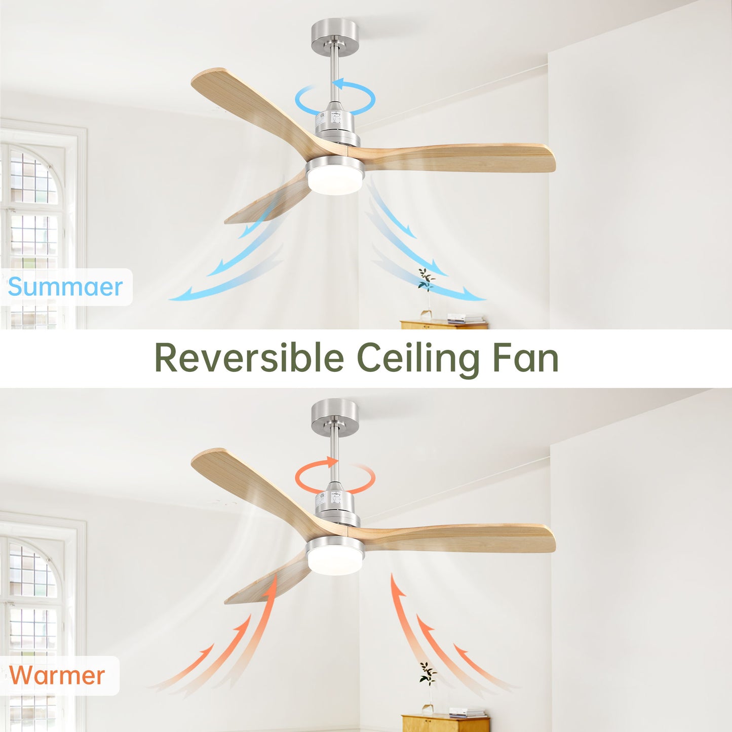 The Ceiling Fan With Dimmable LED Light 6 Speed Remote 3 Wood Blade Reversible DC Motor For Bedroom - Brushed Nickel is shown in summer mode (blue upward airflow) and winter mode (red downward airflow).